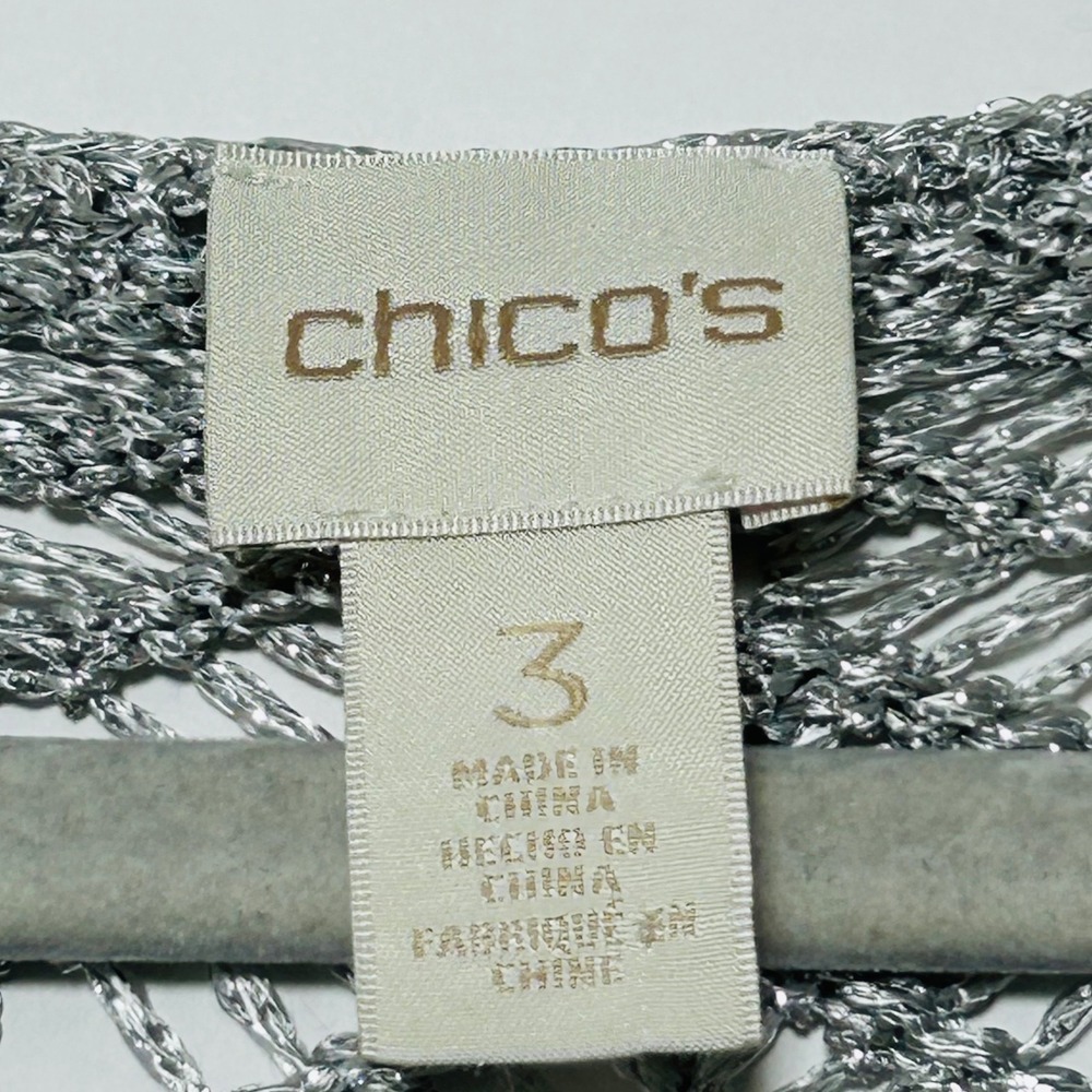 Chico's Metallic Open Knit Top Womens 3 Silver Crochet Tunic Glam Beach Cover Up - Picture 4 of 11